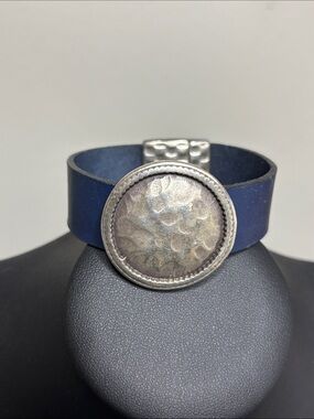 Navy Leather Cuff Bracelet with Hammered Silver Medallion